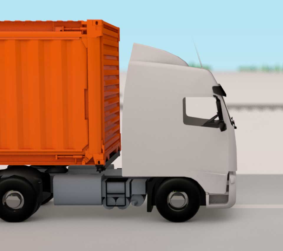 3d illustratie van een rijdende vrachtwagen met een container