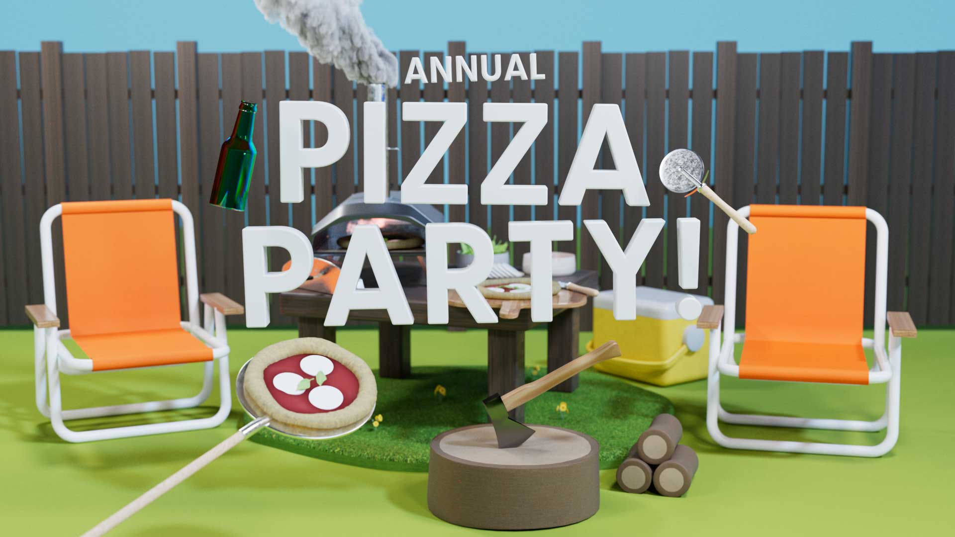 3d illustratie van een pizza party in een tuin