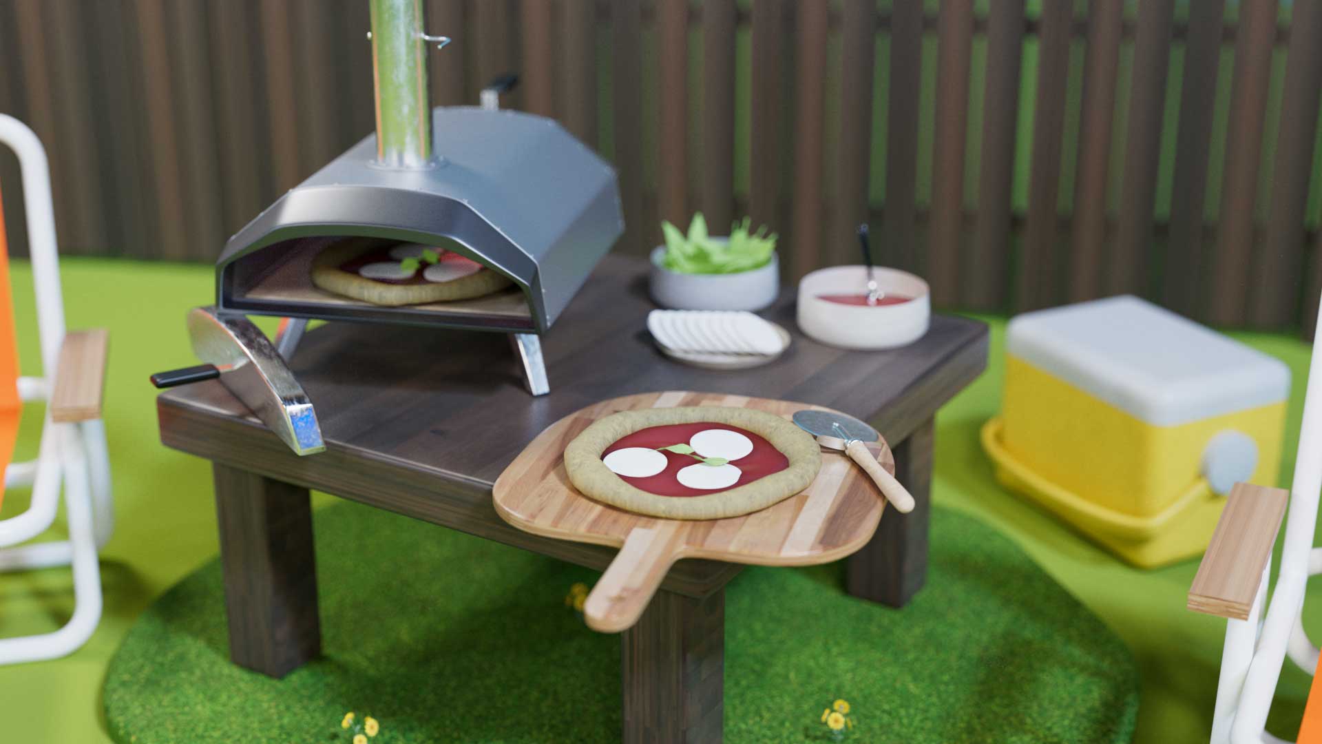 3d illustratie van een pizza party in een tuin
